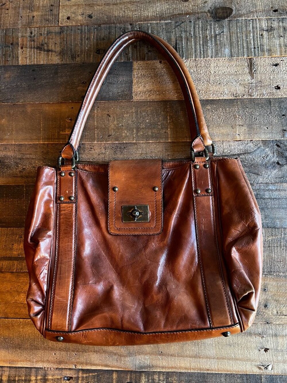 Stuart Weitzman Brown Leather Chain Link Shoulder Tote Bag